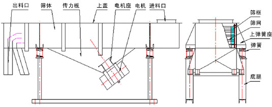 直線振動篩內(nèi)部結(jié)構(gòu)：出料口，篩體，傳力板，上蓋，電機(jī)座，電機(jī)，進(jìn)料口，篩框，篩網(wǎng)，上彈簧座，彈簧，底腿。