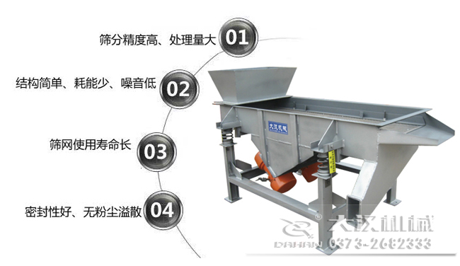 1016型直線振動(dòng)篩特點(diǎn)：1，篩分精度高，處理量大。2，結(jié)構(gòu)簡單，耗能少，噪音低，3，篩網(wǎng)使用壽命長，密封性好無粉塵溢散。