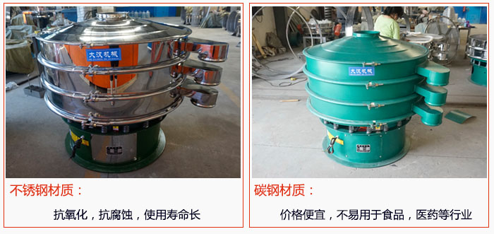 800型振動篩有不銹鋼和碳鋼兩種材質(zhì)，不銹鋼材質(zhì)：抗氧化，抗腐蝕，使用壽命長 碳鋼材質(zhì)：價格便宜，不易篩分食品，化工，醫(yī)藥等行業(yè)的物料。