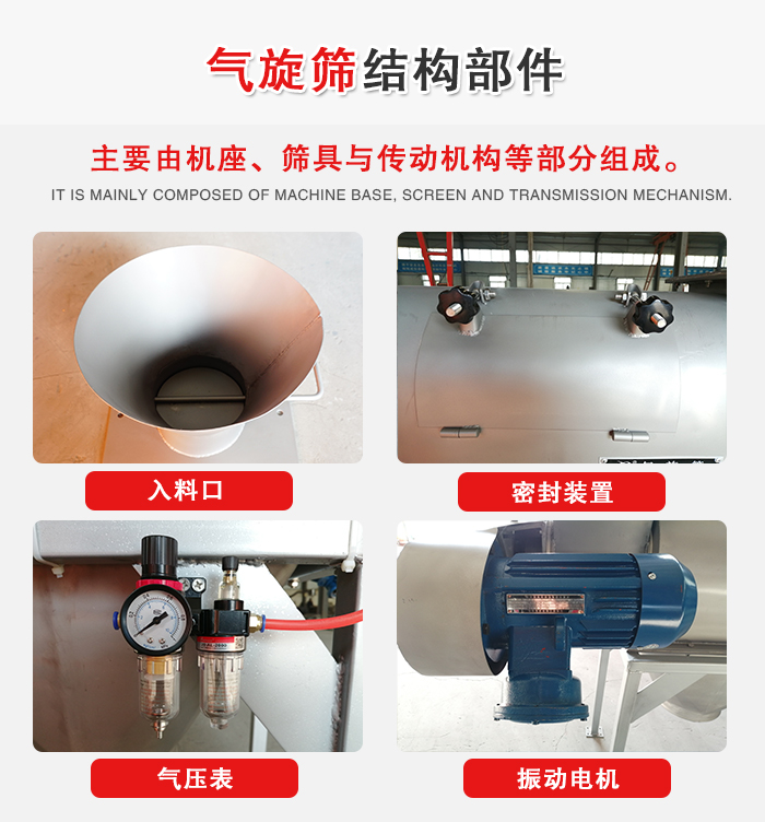 氣旋篩結(jié)構(gòu)：入料口，密封裝置，電機，氣壓表等