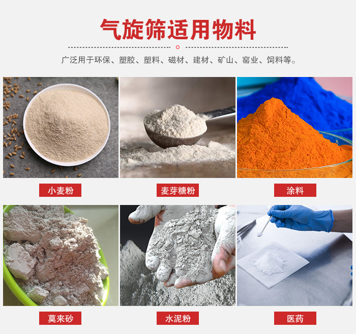 氣旋篩適用物料：小麥粉，麥芽糖粉，涂料，等粉狀物料。